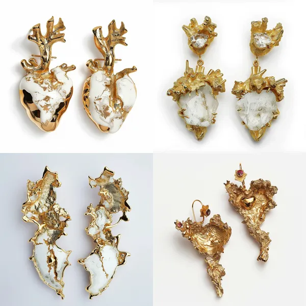 /imagine The earrings that fuse the shape of melted rock + heart, the whole brooch shape is very artistic, and very ornamental, the main color is gold, the whole jewelry only metal does not contain gemstones, the whole is very simple but very designed, pure white background --relax --aspect 1:1 --version 6 --quality 2 --stylize 100
