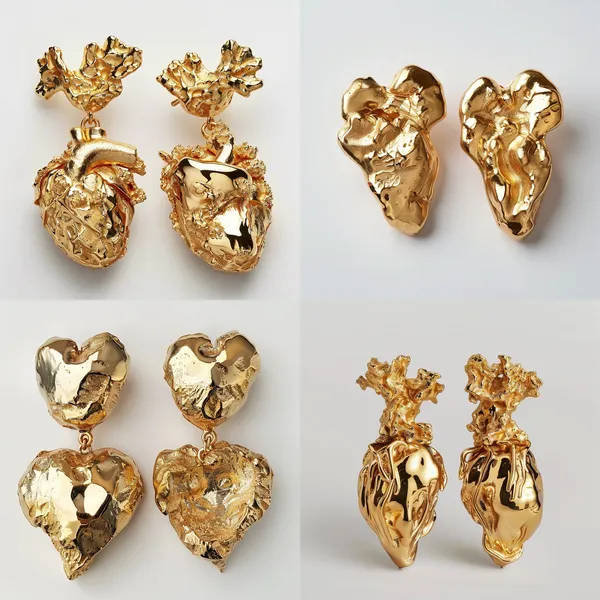 /imagine The earrings that integrate the shape of melted rock + heart, the whole brooch shape is very artistic, and very ornamental, the main color is gold, the whole is gold-based, which is also the main inspiration for the whole design, the whole earrings are golden, placed in a pure white background. --relax --aspect 1:1 --version 6 --quality 2 --stylize 100