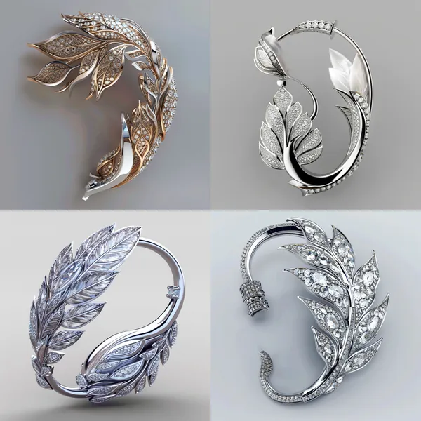 /imagine Please draw a 4K resolution picture of an ear clip-on open-back headphone. The design should be inspired by modern fashion and incorporate elements of leaves and feathers. The main part of the ear clip should be made of white gold, with white diamonds set along the edges. At the connection point between the ear clip and the sound chamber, there should also be a diamond design. The overall shape of the headphones should highlight luxury and elegance, while also demonstrating its functionality and comfort as an ear clip-on open-back headphone. The reference picture I'm showing you is to explain what an open-back ear clip is. --relax --aspect 1:1 --version 6 --quality 2 --stylize 100