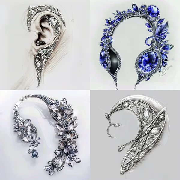 /imagine Design a decorative shape design drawing for an ear clip headphone that is clipped onto the ear bone. The overall contour of the headphone is fixed. Taking natural elements as the source of inspiration, create a unique headphone that is both fashionable and luxurious. The main body of the headphone is enhanced with the inlaying of gemstones to increase the overall visual layering and artistic sense. Platinum and white diamonds are used for fine casting to simulate the luster and texture of natural elements. These elements can be distributed on the edges or specific parts of the headphone as embellishments. High-quality diamonds are carefully inlaid according to the overall shape and color matching of the headphone. The shapes and sizes of the gemstones can be diverse, such as round, square, teardrop, etc. Through different arrangements and combinations, a rich visual effect is created. The main body of the headphone is made of lightweight and high-strength alloy material. The surface of the alloy can be electroplated to increase luster and wear resistance. This is a practical secondary design of the appearance of the existing headphone. This design completely retains the original shape and structure of the headphone without any changes. The focus is on adding new appearance design elements to the exterior of the headphone, giving it a brand-new visual style and making it more distinctive. --relax --aspect 1:1 --version 6 --quality 2 --stylize 100
