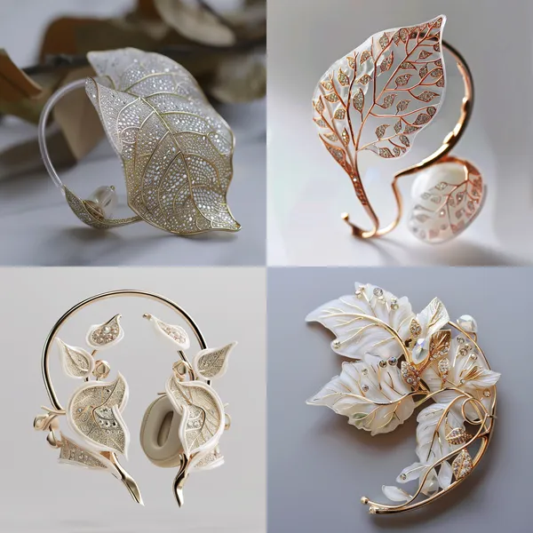 /imagine Design a decorative shape for an ear clip headphone that is worn on the ear bone. The overall contour of the headphone is fixed. Taking natural elements as the source of inspiration, the delicate beauty of small leaves and flowers is integrated into it to create a unique headphone that is both fashionable and luxurious. The ear clip part simulates the curves of leaves and the lightness of flowers, while the main body of the headphone is decorated with gemstones to create a pattern similar to the veins of leaves, enhancing the overall visual layering and artistic sense. It is finely cast with white gold and white diamonds, and the surface is polished or frosted to simulate the luster and texture of leaves. These elements can be distributed on the edges or specific parts of the headphone as embellishments. High-quality diamonds are carefully inlaid according to the overall shape and color matching of the headphone. The shapes and sizes of the gemstones can be diverse, such as round, square, teardrop, etc., and through different arrangements and combinations, a rich visual effect is created. The main body of the headphone is made of lightweight and high-strength alloy material, and the surface of the alloy can be electroplated to increase luster and wear resistance. I hope to carry out a practical secondary design of the appearance of the existing headphones. This design completely retains the original shape and structure of the headphones without any changes. The focus is on adding new functional design elements to the exterior of the headphones. These elements can not only enhance the convenience of the headphones in daily use, such as improving anti-slip and anti-drop performance, or optimizing the fit when wearing, but also give the headphones a brand-new visual style, making them more distinctive, without affecting the original acoustic performance and control methods of the headphones. --relax --aspect 1:1 --version 6 --quality 2 --stylize 100