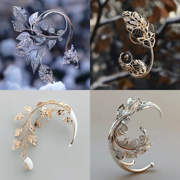 /imagine Design a decorative shape for an ear clip headphone that is worn on the ear bone. The overall contour of the headphone is fixed. Taking natural elements as the source of inspiration, the delicate beauty of small leaves and flowers is integrated into it to create a unique headphone that is both fashionable and luxurious. The ear clip part simulates the curves of leaves and the lightness of flowers, while the main body of the headphone is decorated with gemstones to create a pattern similar to the veins of leaves, enhancing the overall visual layering and artistic sense. It is finely cast with white gold and white diamonds, and the surface is polished or frosted to simulate the luster and texture of leaves. These elements can be distributed on the edges or specific parts of the headphone as embellishments. High-quality diamonds are carefully inlaid according to the overall shape and color matching of the headphone. The shapes and sizes of the gemstones can be diverse, such as round, square, teardrop, etc., and through different arrangements and combinations, a rich visual effect is created. The main body of the headphone is made of lightweight and high-strength alloy material, and the surface of the alloy can be electroplated to increase luster and wear resistance. I hope to carry out a practical secondary design of the appearance of the existing headphones. This design completely retains the original shape and structure of the headphones without any changes. The focus is on adding new functional design elements to the exterior of the headphones. These elements can not only enhance the convenience of the headphones in daily use, such as improving anti-slip and anti-drop performance, or optimizing the fit when wearing, but also give the headphones a brand-new visual style, making them more distinctive, without affecting the original acoustic performance and control methods of the headphones. --relax --aspect 1:1 --version 6 --quality 2 --stylize 100