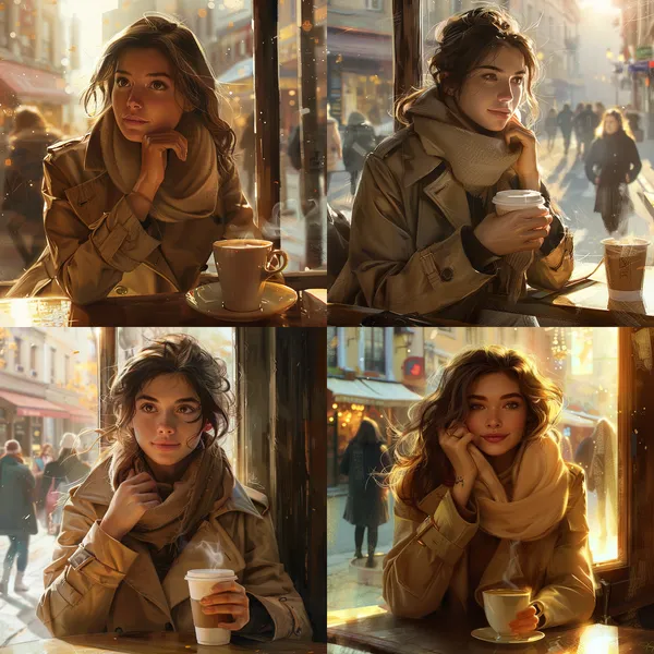 /imagine A realistic portrait of a young woman sitting at a sunlit café, wearing a beige trench coat and a soft wool scarf. She holds a coffee with both hands, gazing out of the window with a thoughtful expression. The warm golden sunlight filters through the window, casting soft shadows on her face. The background shows a blurred city street with people walking by --relax --aspect 1:1 --version 6 --quality 1 --stylize 100