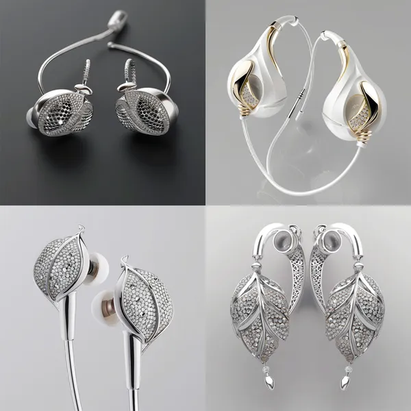 /imagine Design a pair of earphones. The earphones are of the clip-on type, with the front part that can be placed inside the cochlea, and the rear round disc serving as a clip to fix it on the ear. The appearance of this clip-on earphone needs to be decorated, and the decorative materials used are white gold and white diamonds. There are two options for the decoration scheme. One is to completely cover the earphone, and the other is to add some embellishments to the earphone.

In terms of the design style, it is inspired by natural elements such as leaves, flowers, and feathers. It should fully reflect the beauty and vitality of natural elements, and at the same time, demonstrate a high-end and luxurious temperament. The overall design of the earphone still needs to take into account the wearing comfort. There should be no sharp designs, and the range of the ornaments should not exceed the earphone. The entire design should mainly showcase the earphone, and the shape of the clip-on earphone must be reflected in the design.

Since the client has a sufficient budget and the earphone itself can also be customized, there is no need to consider the cost too much during the design process. However, it is necessary to ensure the uniqueness and creativity of the design, and highlight the fashion sense and exquisite design of the clip-on earphone. Please provide some specific design sketches or detailed design descriptions, including the specific usage methods, layout of white gold and white diamonds, as well as how they are combined with the clip-on earphone, etc., to help us better understand and implement this design scheme.  --relax --aspect 1:1 --version 6 --quality 2 --stylize 100