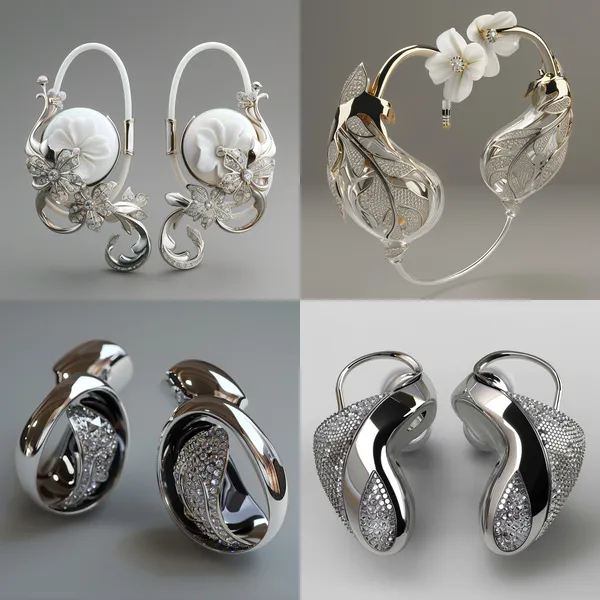 /imagine Design a pair of earphones. The earphones are of the clip-on type, with the front part that can be placed inside the cochlea, and the rear round disc serving as a clip to fix it on the ear. The appearance of this clip-on earphone needs to be decorated, and the decorative materials used are white gold and white diamonds. There are two options for the decoration scheme. One is to completely cover the earphone, and the other is to add some embellishments to the earphone.

In terms of the design style, it is inspired by natural elements such as leaves, flowers, and feathers. It should fully reflect the beauty and vitality of natural elements, and at the same time, demonstrate a high-end and luxurious temperament. The overall design of the earphone still needs to take into account the wearing comfort. There should be no sharp designs, and the range of the ornaments should not exceed the earphone. The entire design should mainly showcase the earphone, and the shape of the clip-on earphone must be reflected in the design.

Since the client has a sufficient budget and the earphone itself can also be customized, there is no need to consider the cost too much during the design process. However, it is necessary to ensure the uniqueness and creativity of the design, and highlight the fashion sense and exquisite design of the clip-on earphone. Please provide some specific design sketches or detailed design descriptions, including the specific usage methods, layout of white gold and white diamonds, as well as how they are combined with the clip-on earphone, etc., to help us better understand and implement this design scheme.  --relax --aspect 1:1 --version 6 --quality 2 --stylize 100