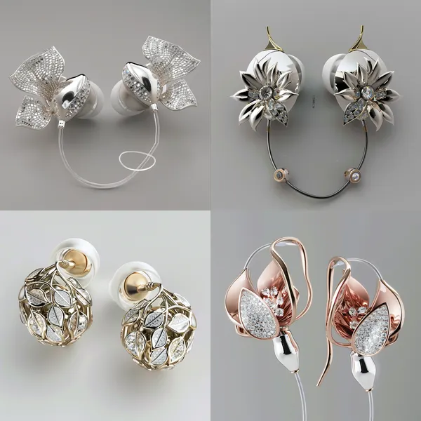 /imagine Design a pair of earphones. The earphones are of the clip-on type, with the front part that can be placed inside the cochlea, and the rear round disc serving as a clip to fix it on the ear. The appearance of this clip-on earphone needs to be decorated, and the decorative materials used are white gold and white diamonds. There are two options for the decoration scheme. One is to completely cover the earphone, and the other is to add some embellishments to the earphone.

In terms of the design style, it is inspired by natural elements such as leaves, flowers, and feathers. It should fully reflect the beauty and vitality of natural elements, and at the same time, demonstrate a high-end and luxurious temperament. The overall design of the earphone still needs to take into account the wearing comfort. There should be no sharp designs, and the range of the ornaments should not exceed the earphone. The entire design should mainly showcase the earphone, and the shape of the clip-on earphone must be reflected in the design.

Since the client has a sufficient budget and the earphone itself can also be customized, there is no need to consider the cost too much during the design process. However, it is necessary to ensure the uniqueness and creativity of the design, and highlight the fashion sense and exquisite design of the clip-on earphone. Please provide some specific design sketches or detailed design descriptions, including the specific usage methods, layout of white gold and white diamonds, as well as how they are combined with the clip-on earphone, etc., to help us better understand and implement this design scheme.  --relax --aspect 1:1 --version 6 --quality 2 --stylize 100