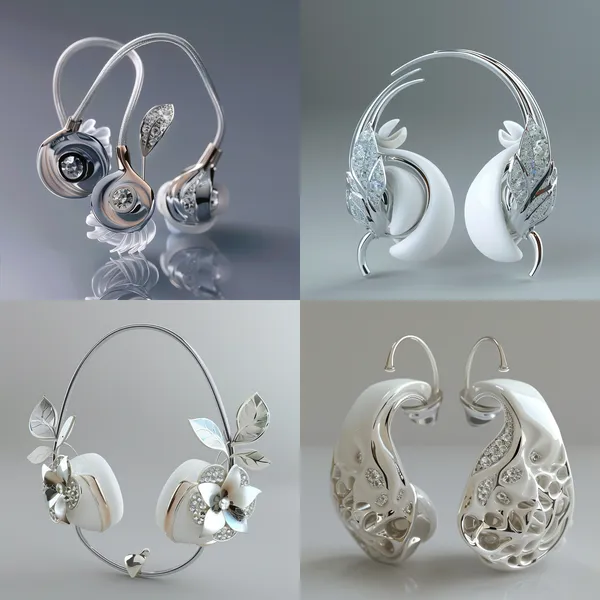 /imagine Design a pair of earphones. The earphones are of the clip-on type, with the front part that can be placed inside the cochlea, and the rear round disc serving as a clip to fix it on the ear. The appearance of this clip-on earphone needs to be decorated, and the decorative materials used are white gold and white diamonds. There are two options for the decoration scheme. One is to completely cover the earphone, and the other is to add some embellishments to the earphone.

In terms of the design style, it is inspired by natural elements such as leaves, flowers, and feathers. It should fully reflect the beauty and vitality of natural elements, and at the same time, demonstrate a high-end and luxurious temperament. The overall design of the earphone still needs to take into account the wearing comfort. There should be no sharp designs, and the range of the ornaments should not exceed the earphone. The entire design should mainly showcase the earphone, and the shape of the clip-on earphone must be reflected in the design.

Since the client has a sufficient budget and the earphone itself can also be customized, there is no need to consider the cost too much during the design process. However, it is necessary to ensure the uniqueness and creativity of the design, and highlight the fashion sense and exquisite design of the clip-on earphone. Please provide some specific design sketches or detailed design descriptions, including the specific usage methods, layout of white gold and white diamonds, as well as how they are combined with the clip-on earphone, etc., to help us better understand and implement this design scheme.  --relax --aspect 1:1 --version 6 --quality 2 --stylize 100