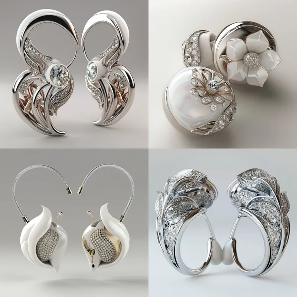 /imagine Design a pair of earphones. The earphones are of the clip-on type, with the front part that can be placed inside the cochlea, and the rear round disc serving as a clip to fix it on the ear. The appearance of this clip-on earphone needs to be decorated, and the decorative materials used are white gold and white diamonds. There are two options for the decoration scheme. One is to completely cover the earphone, and the other is to add some embellishments to the earphone.

In terms of the design style, it is inspired by natural elements such as leaves, flowers, and feathers. It should fully reflect the beauty and vitality of natural elements, and at the same time, demonstrate a high-end and luxurious temperament. The overall design of the earphone still needs to take into account the wearing comfort. There should be no sharp designs, and the range of the ornaments should not exceed the earphone. The entire design should mainly showcase the earphone, and the shape of the clip-on earphone must be reflected in the design.

Since the client has a sufficient budget and the earphone itself can also be customized, there is no need to consider the cost too much during the design process. However, it is necessary to ensure the uniqueness and creativity of the design, and highlight the fashion sense and exquisite design of the clip-on earphone. Please provide some specific design sketches or detailed design descriptions, including the specific usage methods, layout of white gold and white diamonds, as well as how they are combined with the clip-on earphone, etc., to help us better understand and implement this design scheme.  --relax --aspect 1:1 --version 6 --quality 2 --stylize 100