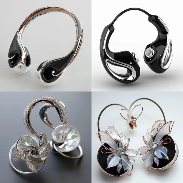 /imagine Ear-clip headphones are a uniquely designed type of headphones, typically featuring a curved part that can be easily clipped onto the ear without the need to insert into the ear canal. These headphones are suitable for individuals who dislike traditional earbuds or over-ear headphones as they offer enhanced comfort without putting pressure on the ears. Ear-clip headphones generally deliver excellent sound quality and effective noise isolation, making them a stylish and practical audio accessory. Designing a pair of ear-clip headphones involves having the front part placed inside the auricle while the circular disk at the back serves as the clip to secure them on the ear. This ear-clip headphone design requires exterior embellishments using platinum and white diamonds. There are two decoration options: one covering the entire headphone and the other incorporating subtle accents.

In terms of design style, inspiration is drawn from natural elements such as leaves, flowers, and feathers to showcase the beauty and agility found in nature while exuding a sense of luxury and sophistication. Comfort during wear should be carefully considered to avoid sharp edges and ensuring that accessories do not extend beyond the headphone dimensions, with the design primarily highlighting the headphone itself. The shape of the ear-clip headphones must be distinctly reflected in the design.

Since the client has a sufficient budget and customization is an option for the headphones, cost considerations can be set aside during design. It's essential to prioritize uniqueness, creativity, fashion-forwardness, and exquisite design to emphasize the stylish and refined aspects of ear-clip headphones. Please provide specific design sketches or detailed descriptions including the specific use, layout of platinum and white diamonds, and how they integrate with the ear-clip headphones to better understand and execute this design concept --relax --aspect 1:1 --version 6 --quality 2 --stylize 100