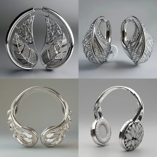 /imagine Design a pair of ear-clip headphones with a streamlined front portion that conforms to the auricle and a circular disk-shaped clip at the back, featuring soft silicone on the inner side. The headphone surface is covered in platinum and embedded with white diamonds arranged in a pattern resembling leaf veins. The diamonds are intricately spaced to enhance light and shadow effects. The overall design is free of sharp edges, with accessories limited within the confines of the headphone body, showcasing a high-end luxurious temperament. --relax --aspect 1:1 --version 6 --quality 2 --stylize 100
