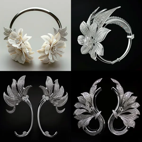 /imagine Fashion Edition Ear-Clip Headphone Design (Inspired by Van Cleef & Arpels Style)

1. Overall Headphone Design
Front Part (Auricle Section):
Adopts a sleek curved design that fits the auricle, featuring rounded edges for comfortable wear.
Surface design draws inspiration from natural elements such as petals or feathers, presented with elegant curves.
Back Part (Clip Section):
Designed as an exquisite circular disk with delicately carved natural element patterns (like petal or feather textures) along the edges.
Soft silicone material used on the inner side of the clip ensures comfort during wear.

2. Decorative Materials and Layout
Materials:
Main Material: Platinum, with surface treatment of delicate brushing or polishing for added texture.
Accent Material: White diamonds of high quality, finely cut and elegantly arranged.
Decoration Schemes:
Scheme One (Full Coverage):
Headphone surface fully covered in platinum, intricately carved with natural element patterns (like leaves, petals, or feather textures).
White diamonds embedded in platinum surface, arranged to form patterns inspired by natural elements (like leaves, petals, or feather textures).
Carefully spaced diamonds create an elegant play of light and shadow.
Scheme Two (Accent Decoration):
Main body of the headphones predominantly in platinum, with white diamond accents only at key locations.
Front Part (Auricle Section): Small diamonds embedded along the edges to create a starlight effect.
Back Part (Clip Section): Carved with natural element patterns (like petals or feathers) on the circular disk surface, with diamonds set along the pattern edges.

3. Design Style
Natural Elements and Elegant Curves:
Inspired by leaves, flowers, and feathers, using Van Cleef & Arpels' classic delicate carving techniques.
For example, petal textures transformed into graceful curves and feather textures into intricate lines.
Luxury and Exquisiteness:
Platinum material treated with delicate brushing or polishing for added texture.
Diamond setting using classic four-prong setting or pavé craftsmanship to highlight the exquisiteness.

4. Specific Design Details
Front Part (Auricle Section):
Surface intricately carved with petal textures, surrounded by a ring of small diamonds for a starlight effect.
Central area features a main diamond surrounded by smaller diamonds, creating a blooming flower effect.
Back Part (Clip Section):
Circular disk design with delicately carved feather textures along the edges.
Surface embedded with diamonds arranged in the shape of feathers, producing an elegant play of light and shadow.
Inner side of the clip utilizes soft silicone material for comfort during wear.

5. Color and Light Effects
Color Palette:
Combination of platinum and white diamonds, overall color scheme in silver-white accentuating luxury.
Light Effects:
Platinum surface treated with delicate brushing or polishing to reflect light, adding texture.
Diamond arrangement crafted to create an elegant gradient effect of light and shadow.

6. Comfort of Wear
Headphones designed without sharp edges, featuring rounded edges for comfortable wear.
Accessory range does not extend beyond the headphone body to prevent scratching of ears or hair during wear. --relax --aspect 1:1 --version 6 --quality 2 --stylize 100