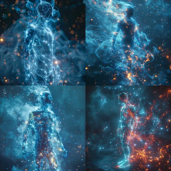 /imagine Particle - based cinematic visualization: a glowing translucent fluorescent, minimal Outline of a human dissolving and disappearing into particles, cyan and sky blue, Dynamic forces, constraints, physics simulations refine positions, front view, Glow particle, Optical Flares, post effect, style of sublime light effect, mono tone --relax --aspect 1:1 --version 6 --quality 1 --stylize 750