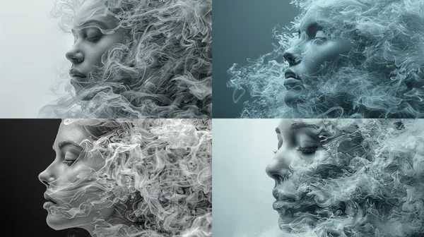 /imagine a digital woman head with smoke looking to the left, grey tone --relax --aspect 16:9 --version 6 --quality 1 --stylize 750