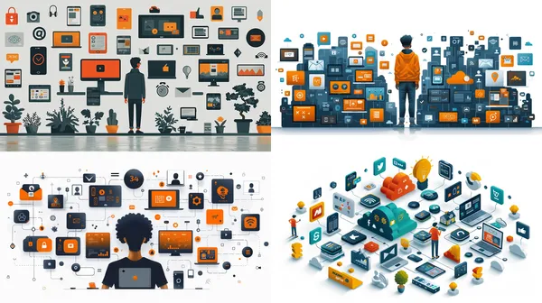/imagine Infographic showing a chinese customer surrounded by digital tools, like smartphone, laptop, ipad, social media icons, in white blackground--relax --aspect 16:9 --version 6 --quality 2 --stylize 750