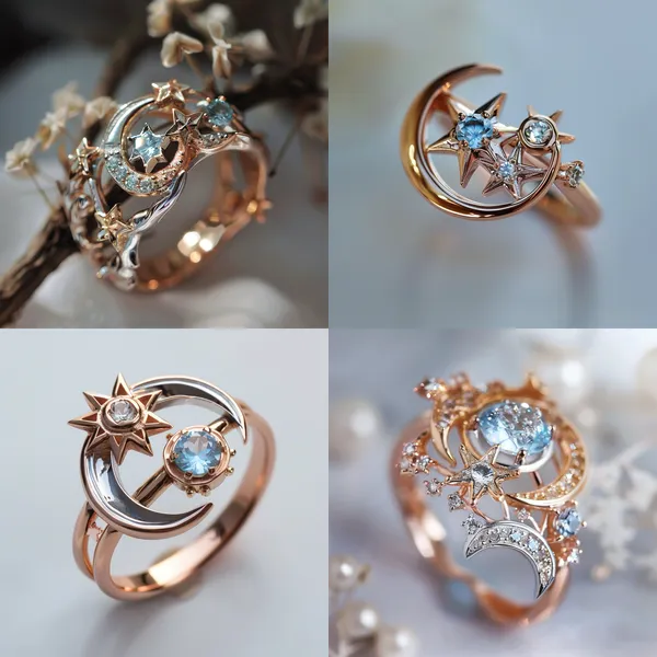 /imagine Star and Moon Overlapping Shadows Ring
Material and Structure:
① Outer layer: Moon element
② Middle layer: Gemstone
③ Inner layer: Rose gold ring band (width: 2mm)
Color Scheme:
Silver + Light blue + Rose gold
Two-dimensional design style
The entire ring focuses on one center of gravity, and other designs are developed around this center of gravity. The design must be asymmetrical, which is one of the selling points of this ring.  --relax --aspect 1:1 --version 6 --quality 2 --stylize 100