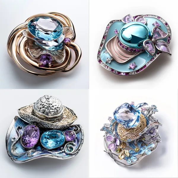 /imagine This is a brooch. It features a gemstone and has a two-dimensional style. There are three colors in total. The gemstones are light blue and light purple, and the rest of the metal part is made of platinum. The main design element of the brooch is the straw hat from One Piece. The entire design is an asymmetrical and irregular shape, with the focus of the design concentrated within a single visual range. The background is simple.   --relax --aspect 1:1 --version 6 --quality 2 --stylize 100