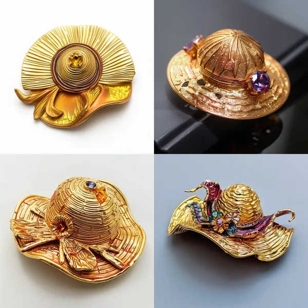 /imagine This is a brooch. It has a gemstone on it and exhibits a two-dimensional style. There are three colors in total. The main design element of this brooch is the straw hat from One Piece, which is made of gold. The entire design is an asymmetrical and irregular shape, with the focal point of the design concentrated within a single visual scope. The background is simple, and the whole brooch stands upright in the middle of the picture.   --relax --aspect 1:1 --version 6 --quality 2 --stylize 100