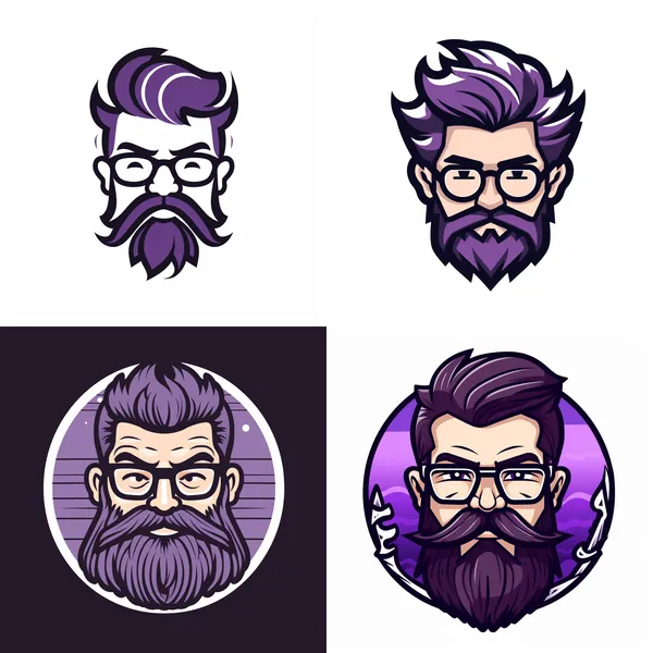 /imagine japanese style LOGO, a chinese man with bearded chin, onion hair style, wearing glasses, looking to the front, black and purple lines, white blackground, flat design --relax --aspect 1:1 --version 5.2 --quality 2 --stylize 100