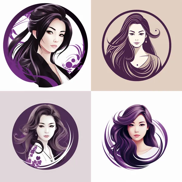 /imagine japanese style LOGO, A photo of an Asian woman with long brown hair, a slightly plump figure, and fair skin tone and looking at the camera, layout in black and purple lines, white background, flat design --relax --aspect 1:1 --version 5.2 --quality 2 --stylize 100