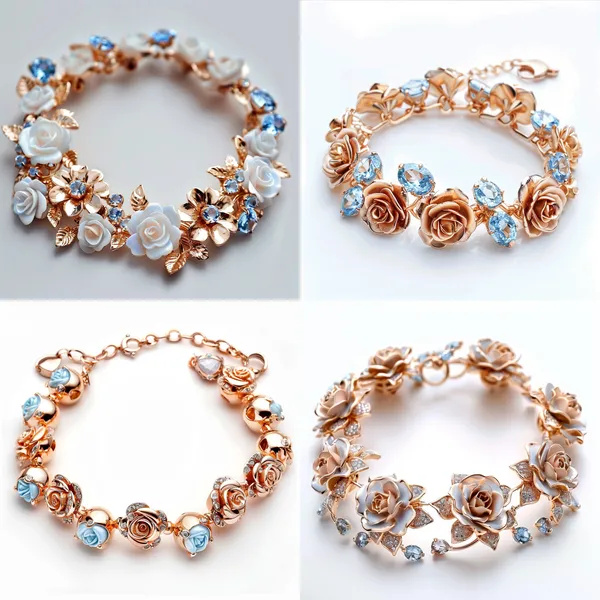 /imagine Bracelet, dreamlike light rose gold roses, light blue gemstones, white background. --relax --aspect 1:1 --version 6 --quality 1 --stylize 100