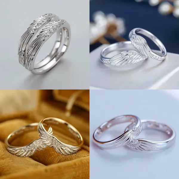 /imagine Platinum rings, girls' models, couple rings, with wing elements on it, opening design, solid color background, special characters engraved on the inner ring, simple style, representing freedom and unrestrained, wing elements are engraved on the ring, the overall shape is light and fashionable --relax --aspect 1:1 --version 6 --quality 2 --stylize 100