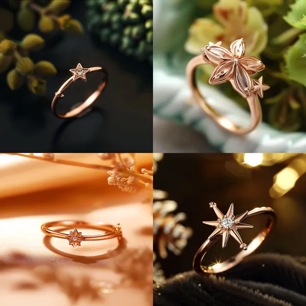 /imagine Star element, simple high-end model, ring, rose gold, retro gorgeous style, solid color background with a little plant, the ring should be light and beautiful, and there is a simple element of a scepter on it, indicating the wearer status of this ring --relax --aspect 1:1 --version 6 --quality 2 --stylize 100