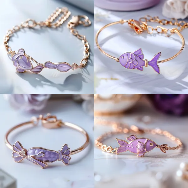 /imagine Qixi Festival bracelet, the elements have fish, bow, the color of the fish is very dreamy purple, the bow is mainly a frame, the fish is inside the bow, the frame of the bow frames the fish, the background is high-grade light gray, solid color, the bracelet color is up to three, the bracelet is rose gold, in line with the game style of love and deep space, the overall design should be both high-end and fashionable --relax --aspect 1:1 --version 6 --quality 2 --stylize 100