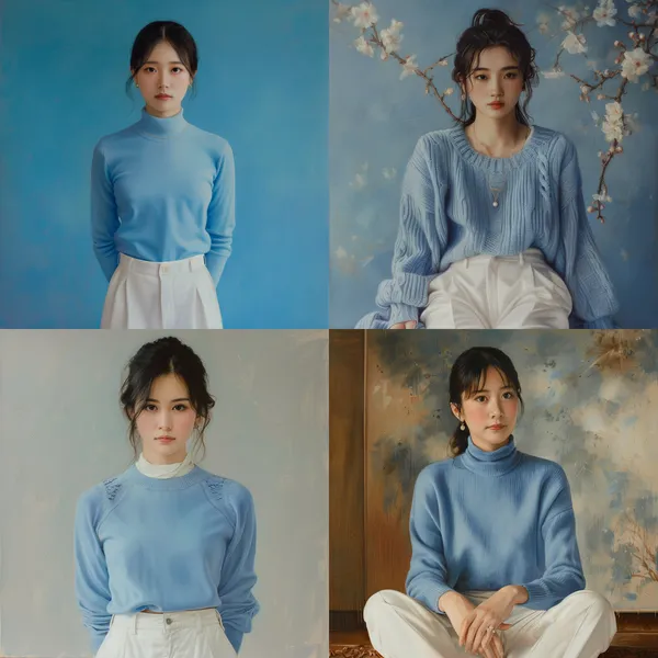 /imagine A Chinese girl in a blue sweater and white slacks --turbo --aspect 1:1 --version 6 --quality 1 --stylize 100